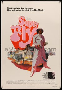 4b0263 SUPER FLY linen 1sh 1972 Robert Tanenbaum art of Ron O'Neal with car & girl sticking it to The Man!