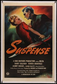 4b0264 SUSPENSE linen 1sh 1946 cool film noir art of Belita & Barry Sullivan over giant dagger!