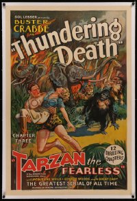 4b0267 TARZAN THE FEARLESS linen chapter 3 1sh 1933 art of Buster Crabbe rescuing girl, ultra rare!