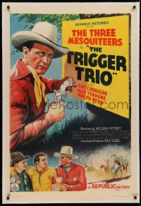 4b0281 TRIGGER TRIO linen 1sh 1937 Crash Corrigan, Max Terhune & Ralph Byrd, Three Mesquiteers, rare!