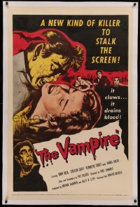 4b0287 VAMPIRE linen 1sh 1957 John Beal, it claws, it drains blood, cool art of monster & victim!