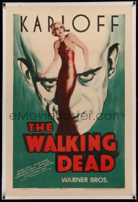 4b0289 WALKING DEAD linen 1sh R1944 Michael Curtiz, great art of Boris Karloff & sexy woman, rare!