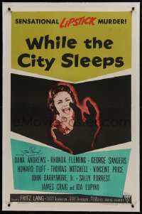 4b0292 WHILE THE CITY SLEEPS linen 1sh 1956 great image of Lipstick Killer's victim, Fritz Lang!