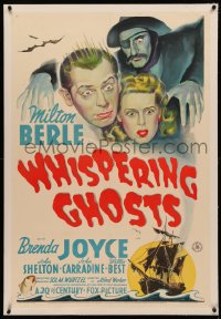 4b0294 WHISPERING GHOSTS linen 1sh 1942 art of John Carradine menacing Milton Berle & Brenda Joyce!