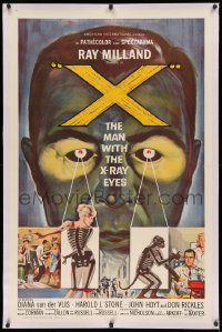 4b0300 X: THE MAN WITH THE X-RAY EYES linen 1sh 1963 Ray Milland strips souls & bodies, cool art!
