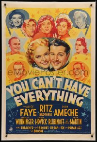 4b0301 YOU CAN'T HAVE EVERYTHING linen style B 1sh 1937 Alice Faye, Ritz Bros, Ameche & more, rare!