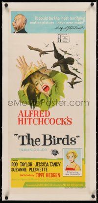 4c0161 BIRDS linen Aust daybill 1963 director Alfred Hitchcock shown, Tippi Hedren, attack artwork!