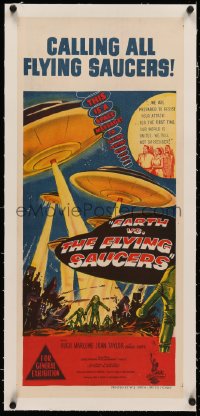 4c0166 EARTH VS. THE FLYING SAUCERS linen Aust daybill 1956 Harryhausen, cool art of UFOs & aliens!