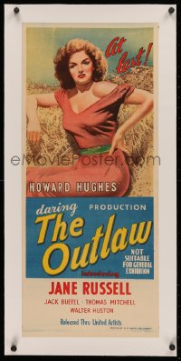4c0171 OUTLAW linen Aust daybill 1947 hand litho art of sexy Jane Russell at last, Howard Hughes!