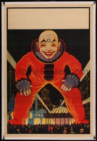 4c0251 CIRCUS linen 28x42 circus poster 1930s art of enormous clown standing over circus crowd!