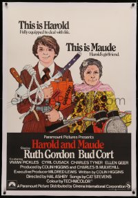 4c0215 HAROLD & MAUDE linen English 1sh 1972 best color art of Ruth Gordon & Bud Cort with weapons!