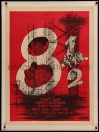 4c0105 8 1/2 linen French 24x32 1963 Federico Fellini, Marcello Mastroianni & Claudia Cardinale!