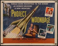 4c0237 PROJECT MOONBASE linen 1/2sh 1953 Robert Heinlein, cool art of rocket ship & astronauts!