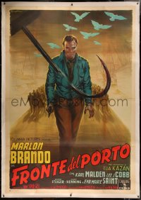 4c0019 ON THE WATERFRONT linen Italian 2p 1954 best Ballester art of Marlon Brando & cargo hook, rare!