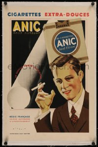 4c0306 ANIC linen 16x24 French advertising poster 1930s Wilquin art of man with filtered cigarettes!