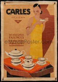 4c0308 CARLES linen 28x39 French advertising poster 1920s Dupin art of woman with porcelain tea set!