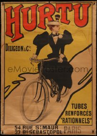 4c0062 HURTU linen 39x54 French advertising poster 1890s art of woman on bike over gold background!