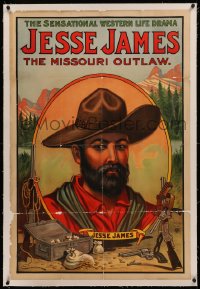 4c0265 JESSE JAMES linen 28x42 stage poster 1910s different close up art of the Missouri Outlaw!