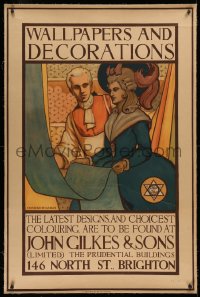4c0312 JOHN GILKES & SONS linen 31x47 English advertising poster 1920s Leigh art of woman w/wallpaper!