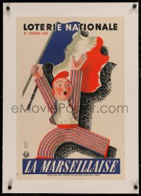 4c0303 LOTERIE NATIONALE linen 16x24 French special poster 1939 Lesacq art of man w/ French flag!