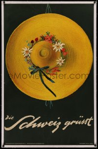 4c0320 DIE SCHWEIZ GRUSST linen 26x40 Swiss travel poster 1937 Alois Carigiet of sun hat w/ flowers!