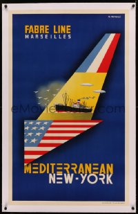 4c0328 FABRE LINE linen 24x39 French travel poster 1950s Tonelli art of French ship going to New York!