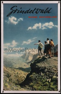 4c0322 GRINDELWALD linen 25x40 Swiss travel poster 1960s Steiner art of hiking family on mountain!