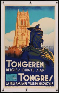 4c0325 TONGEREN linen 24x39 Belgian travel poster 1930s Basilica & Ambiorix statue at Great Market!