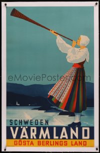 4c0318 VARMLAND linen 25x39 Swedish travel poster 1930s Anders Beckman art of woman with Lur horn!