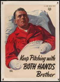 4c0283 KEEP PITCHING WITH BOTH HANDS BROTHER linen 29x40 WWII war poster 1944 Adolph Treidler art!
