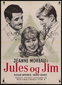 4d0471 JULES & JIM Danish 1963 Truffaut, Viles art of Jeanne Moreau, Oskar Werner & Serre, rare!