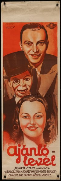 4d0503 LETTER OF INTRODUCTION Hungarian 12x37 1939 Nemes art of Bergen, Charlie McCarthy, rare!