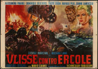 4d0068 ULYSSES AGAINST HERCULES Italian 4p 1961 cool art of top stars + longships in ocean, rare!