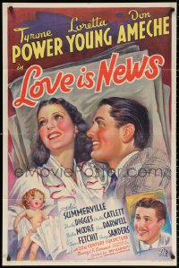 4d0295 LOVE IS NEWS 1sh 1937 great art of Loretta Young & Tyrone Power, from Royal Theatre, rare!