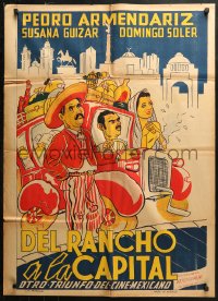 4d0044 DEL RANCHO A LA CAPITAL Mexican poster 1942 Armendariz, cartoon art of cast in car, rare!