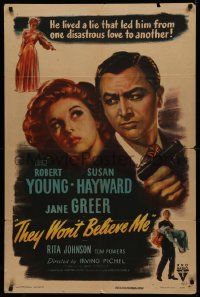 4d0312 THEY WON'T BELIEVE ME 1sh 1947 Susan Hayward, Robert Young with gun, Jane Greer, film noir!