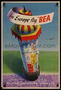 4d0448 BEA EUROPE 20x30 English travel poster 1960s British European Airways, great colorful art!