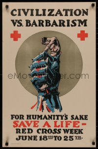 4d0422 CIVILIZATION VS. BARBARISM 18x28 WWI war poster 1910s art of wounded man in giant guantlet!
