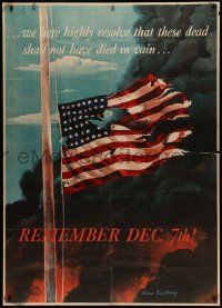 4d0029 REMEMBER DEC. 7TH! 40x56 WWII war poster 1942 tattered half-mast American flag, Saalburg art!