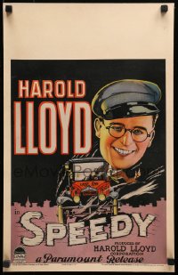 4d0203 SPEEDY WC 1928 great cartoon art of speed demon Harold Lloyd driving taxicab in New York City!