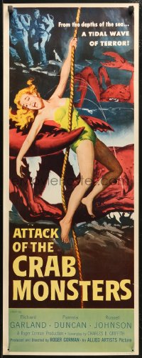 4f0620 ATTACK OF THE CRAB MONSTERS insert 1957 Roger Corman, best art of sexy girl grabbed by beast!