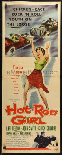 4f0700 HOT ROD GIRL insert 1956 AIP, Nelson, sexy dancing bad girl & chicken-race art, ultra rare!