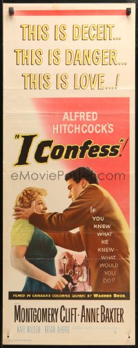 4f0704 I CONFESS insert 1953 Alfred Hitchcock, art of Montgomery Clift shaking Anne Baxter!