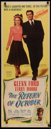 4f0778 RETURN OF OCTOBER insert 1948 Glenn Ford with Terry Moore, art of wacky race horse in hat!