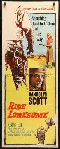 4f0782 RIDE LONESOME insert 1959 Wik artwork of cowboy Randolph Scott, Karen Steele w/gun!