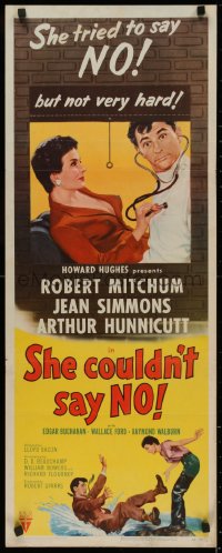 4f0797 SHE COULDN'T SAY NO insert 1954 sexy short-haired Jean Simmons examines Dr. Robert Mitchum!