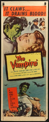 4f0837 VAMPIRE insert 1957 John Beal, it claws, it drains blood, cool art of monster & victim!