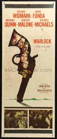 4f0842 WARLOCK insert 1959 cowboys Henry Fonda & Richard Widmark, cool revolver art!