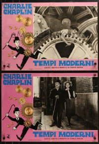 4f0487 MODERN TIMES group of 10 Italian 18x26 pbustas R1972 Calma border art Chaplin running w/gears!
