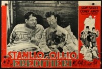 4f0530 TIT FOR TAT Italian 18x27 pbusta 1963 Stan Laurel holds dog with Oliver Hardy in bed!